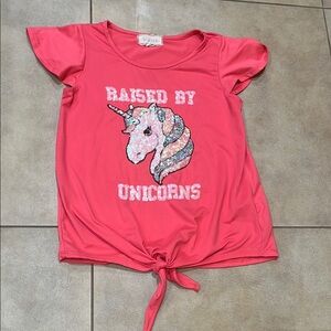 Girls Pink Unicorn Short Sleeve Tee ties at hips, size 8, barely worn